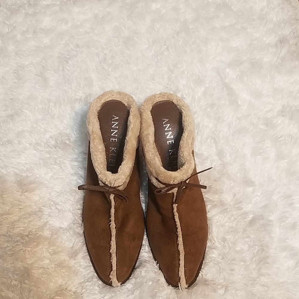 Anne Klein Brown Faux Suede Fur Lined Mule‎ Heels - Comfortable & Stylish